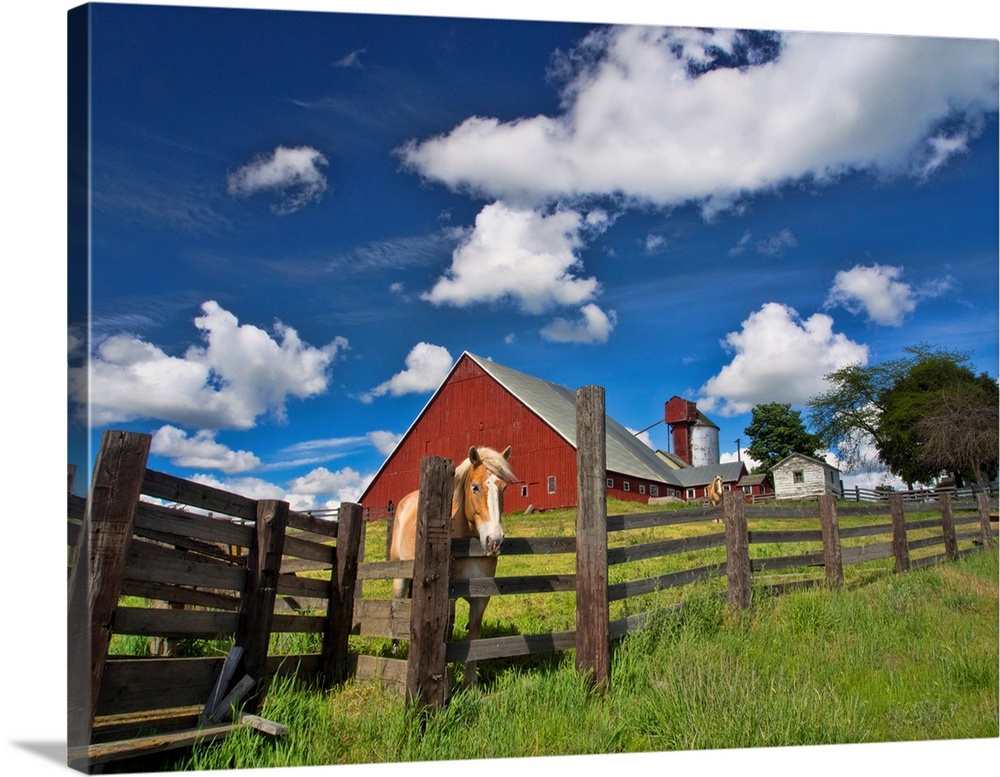 North America, USA, Washington, Palouse Country, Colfax, Old Red Barn with Fence and Horse