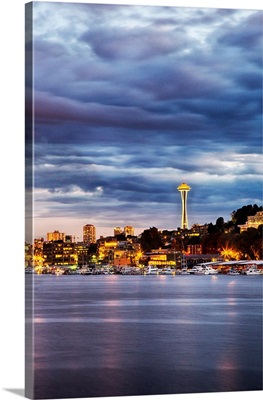 USA, Washington, Seattle Evening Light As Viewed From Lake Union With The Space Needle