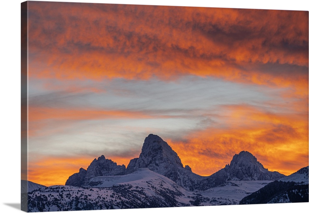 USA, Wyoming. Mount Owen, Grand and Middle Teton from the west at sunrise.