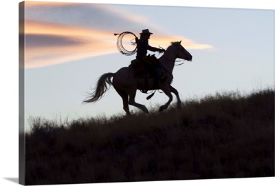 USA, Wyoming, Shell, The Hideout Ranch, Silhouette Of Cowgirl With Horse At Sunset