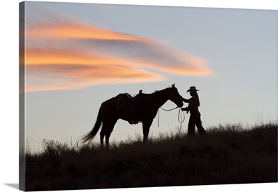 USA, Wyoming, Shell, The Hideout Ranch, Silhouette Of Cowgirl With Horse At Sunset