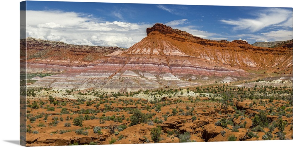 USA, Utah, Grand Staircase-Escalante National Monument. Banded red topped butte near Old Pahreah Townsite on Paria River. ...