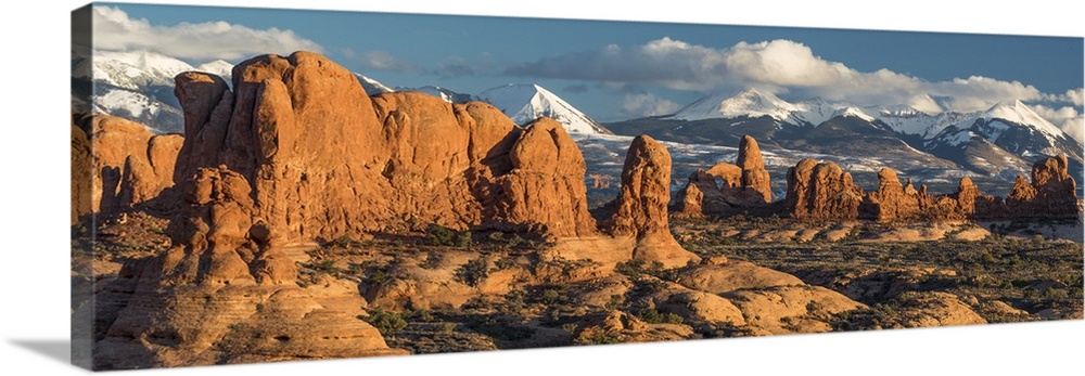 North America, USA, Utah.  Red rock formations of the Windows Section with clouds and snow on the LaSal Mountains, Arches ...