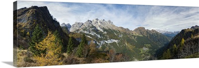 Valle Di Gares And Village Gares, Focobon Mountain Range, Dolomites, Italy