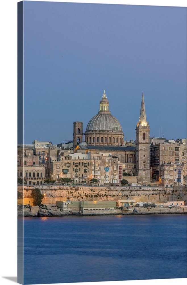 Europe, Malta, Valletta, Historic Skyline at Dusk.