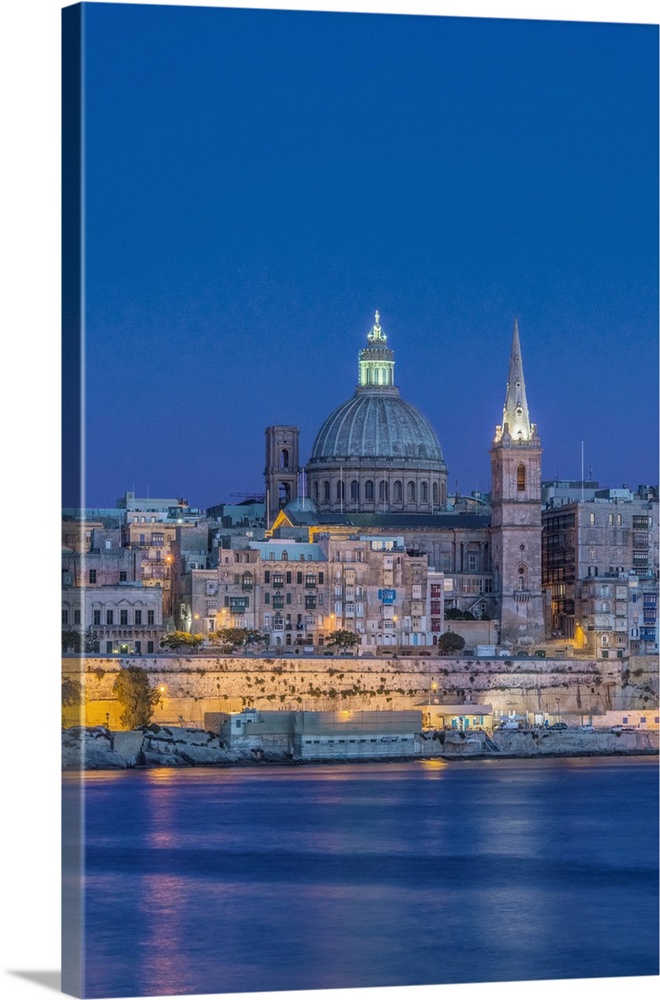 Europe, Malta, Valletta, Historic Skyline at Dusk.