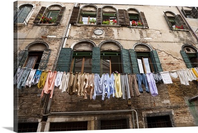 Venice, Italy, Laundry is hanging on an outside clothesline to dry in a neighborhood