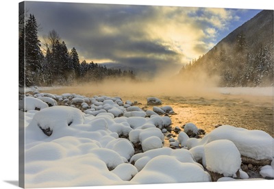 Very cold sunrise over the South Fork of the Flathead River in Hungry Horse, Montana