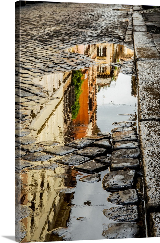 Italy, Rome. Via della Penna, side street west of Via Ripetta, with puddles from the rain and reflection.