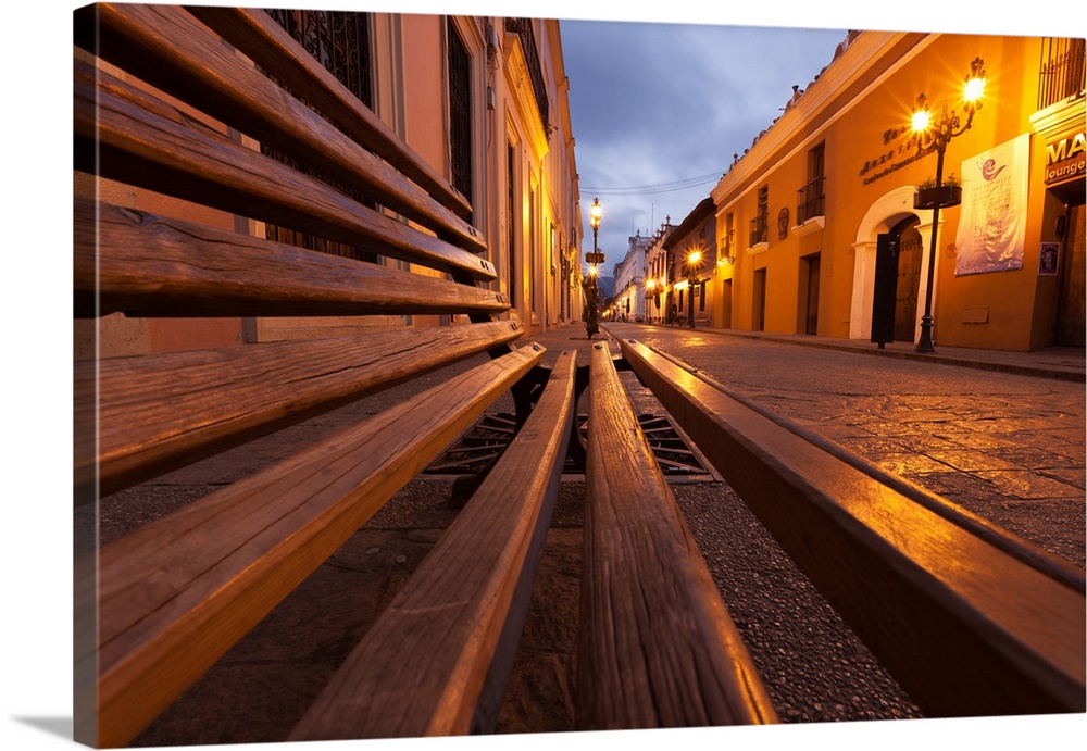 North America, Mexico, San Cristobal de las Casas. An unsual viewpoint of a village street in pre-dawn light.