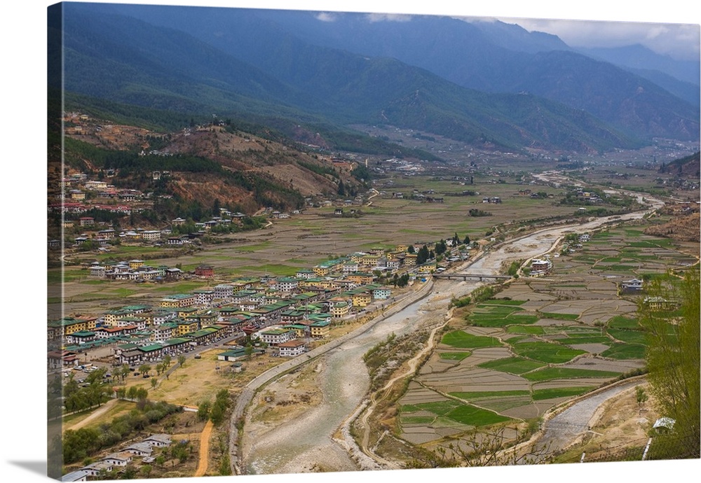 View over Paro with river Paro Chhu, Bhutan.