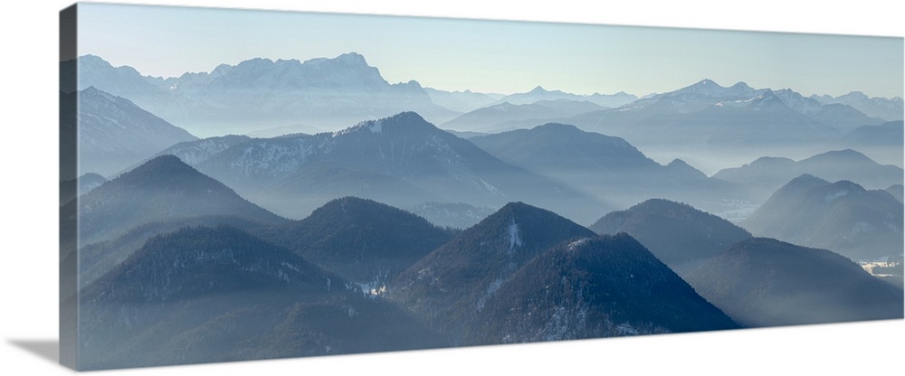 View towards Zugspitze. View from Mount Schonberg near Lenggries in the Bavarian Alps during winter. Germany, Bavaria.