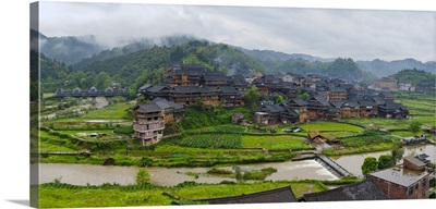 Village With Farmland In Morning Mist, Chengyang, Sanjiang, Guangxi Province, China