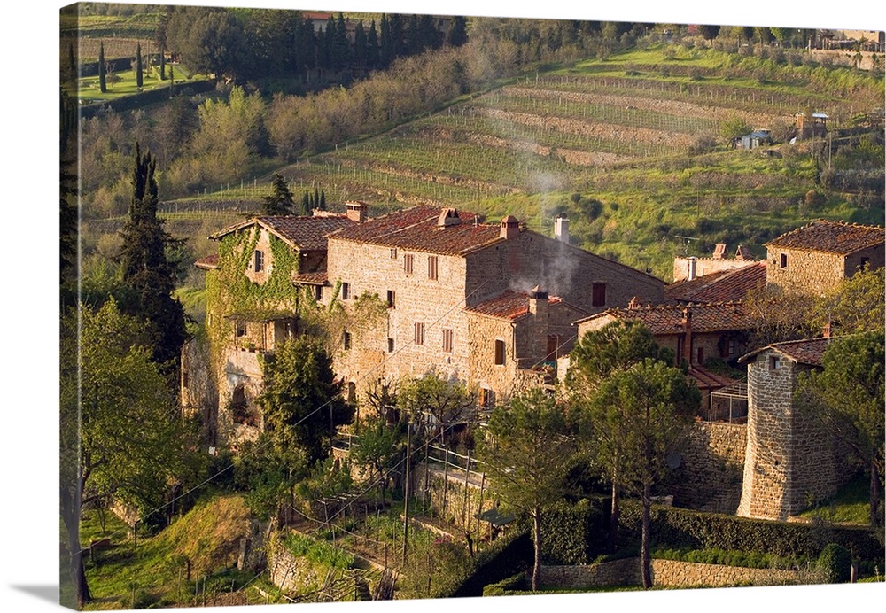 Stone buildings perch on the vineyard-covered hills above the rural town of Lamole, in the Tuscany area of Italy.
