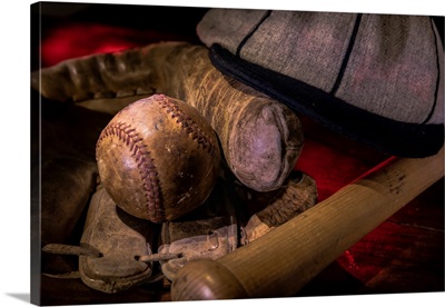 Vintage Baseball Paraphenalia Laid Out Carefully Painted With Light