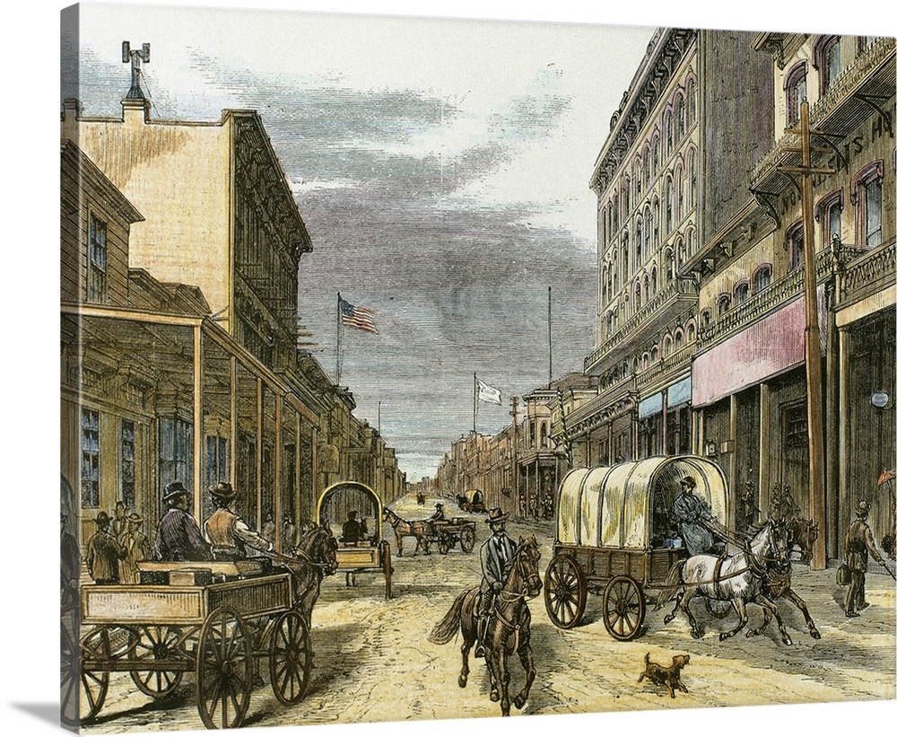 Virginia City in 1870. Main street. United States. Engraving.