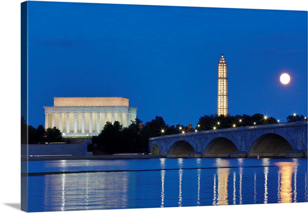 USA, District of Columbia, Washingon, Moon Rising Over the Memorial Bridge and the Lincoln Memorial