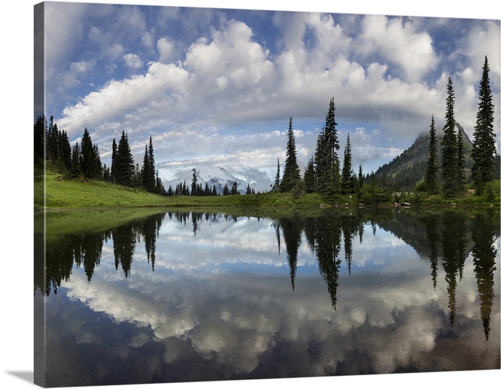 USA, Washington State, Mt. Rainier National Park. Mt. Rainier and clouds reflecting in Upper Tipsoo Lake.