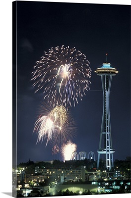 Washington, Seattle, Fireworks and Space Needle during July Fourth celebration
