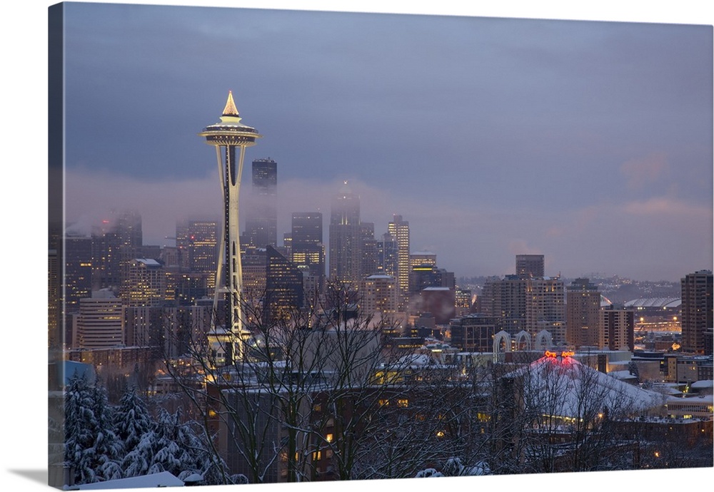 Washington, Seattle, Kerry Park, view of the Space Needle, with fresh snow.