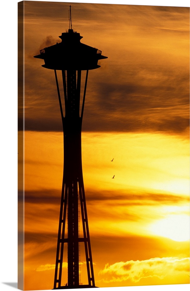 Washington, Seattle, Space Needle at sunset.