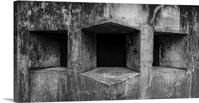 Washington State, Fort Flagler State Park, Black And White Detail Of Gun Ports In Wall