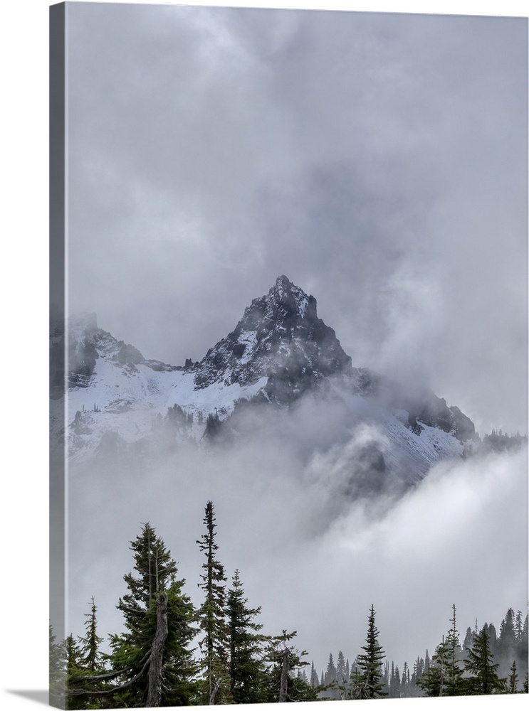 Washington State, Mount Rainier National Park. Tatoosh Range, Pinnacle Peak emerging from the clouds.
