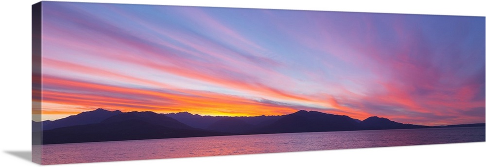 USA, Washington, Seabeck. Sunset panoramic over the Olympic Mountains and Hood Canal.