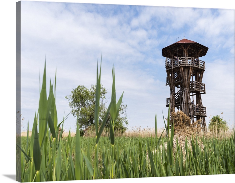Watch tower at the fish ponds of Hortobagy in the Hortobagy National Park during spring, UNESCO, Hungary.