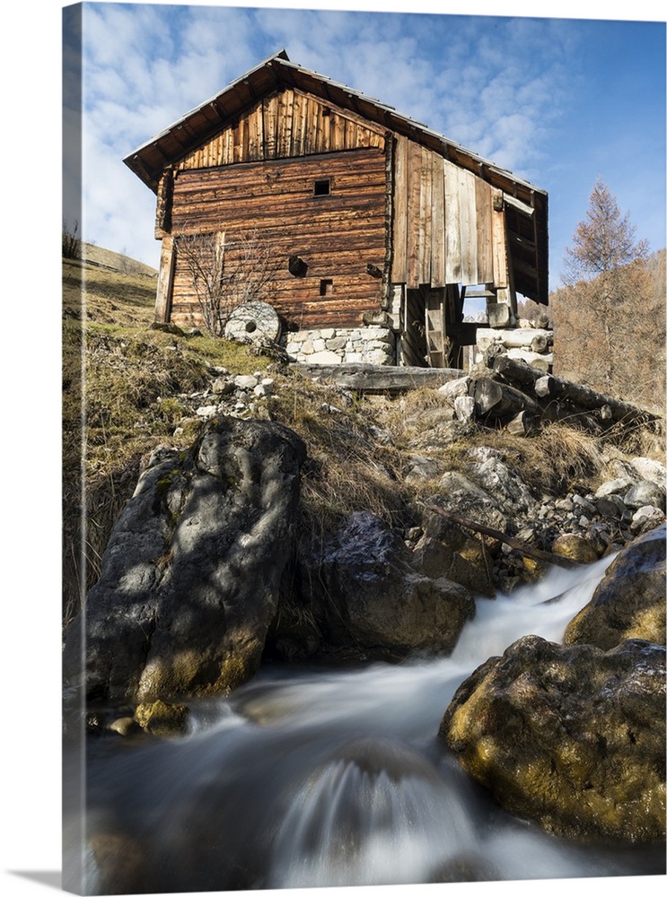 Water mills of the viles of Mischi und Seres, village of Campill. Central South Tyrol, Italy.