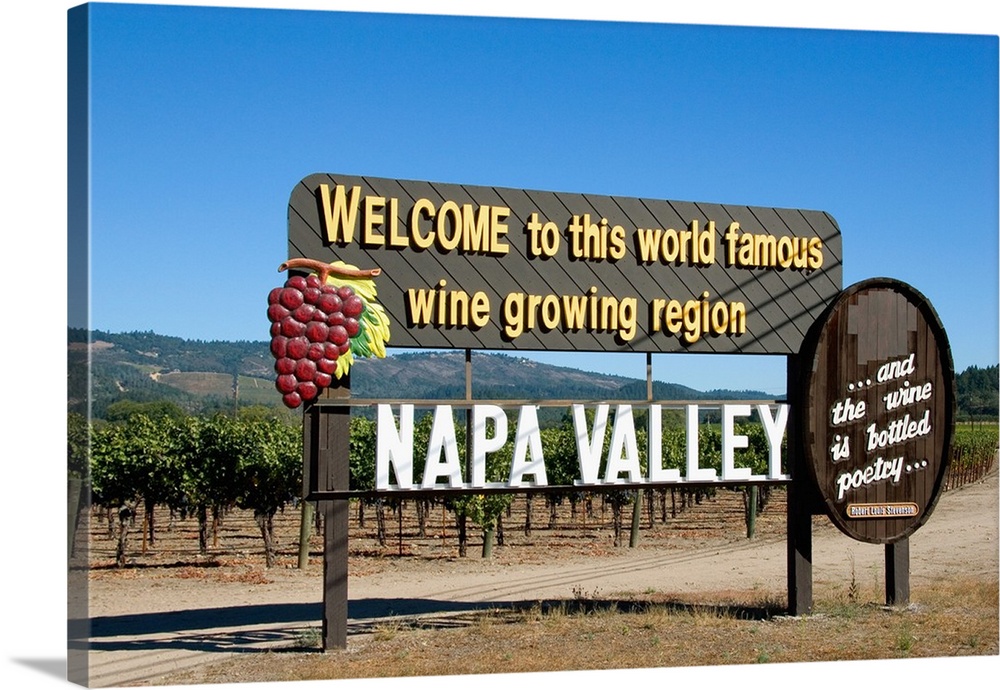 A sign welcoming you to Napa Valley famous for its wine growing region, California.