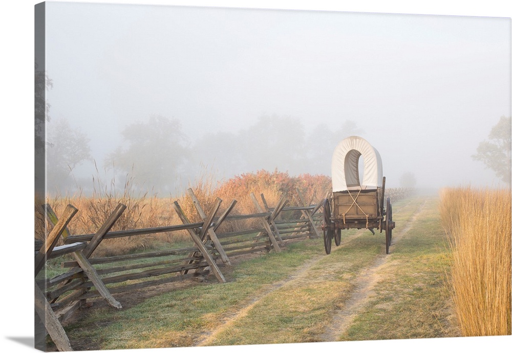 Whitman Mission National Historic Site, WA, USA. The replica wagon is displayed along the ruts of the Oregon Trail.