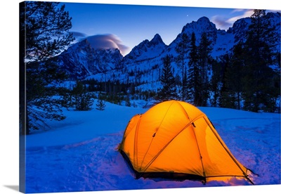 Winter Camp At Dusk Under The Tetons, Grand Teton National Park, Wyoming USA