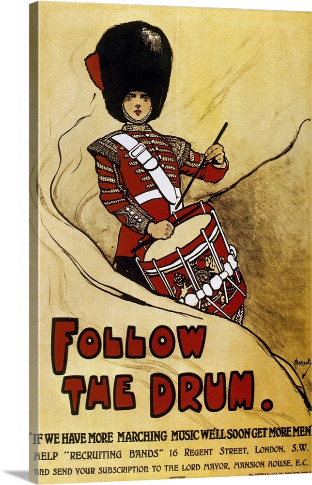 World War I (1914-1918). Poster 'Follow the Drum', by John Hassal (1868-1948), published by the British government.