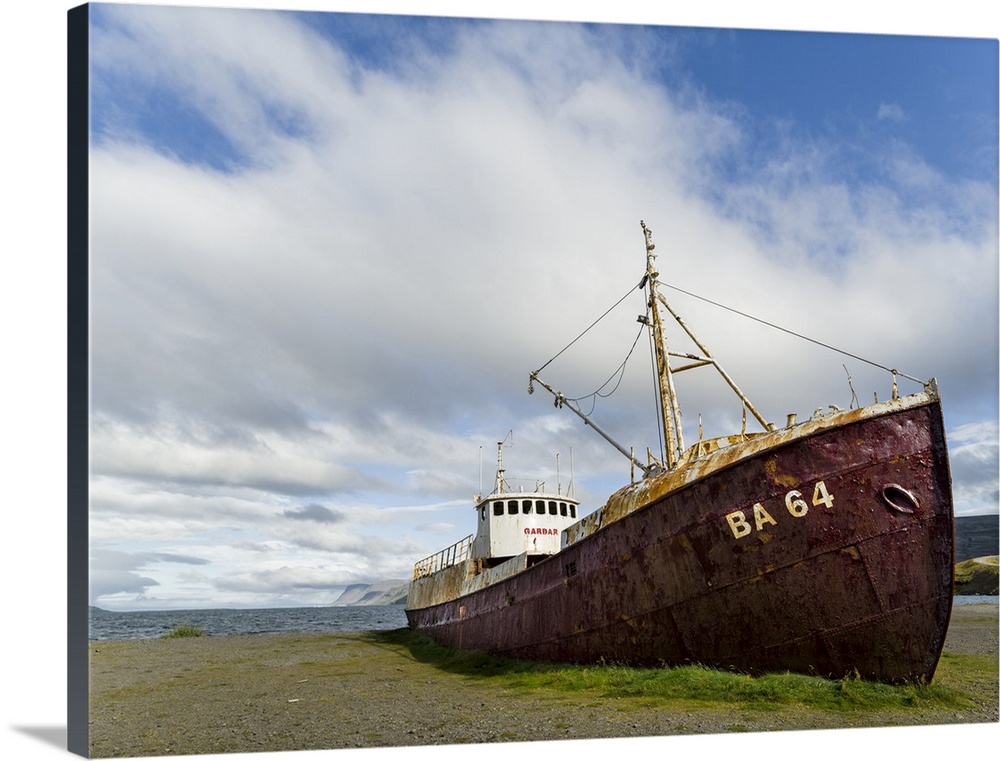 Wreck of the Gardar, the first steel ship of Iceland. The remote Westfjords (Vestfirdir) in northwest Iceland.