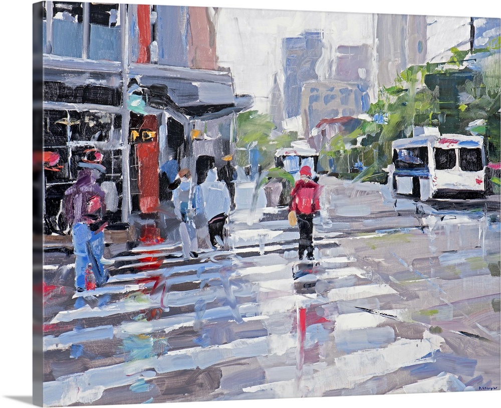 Contemporary painting of people crossing a city street on a rainy day.