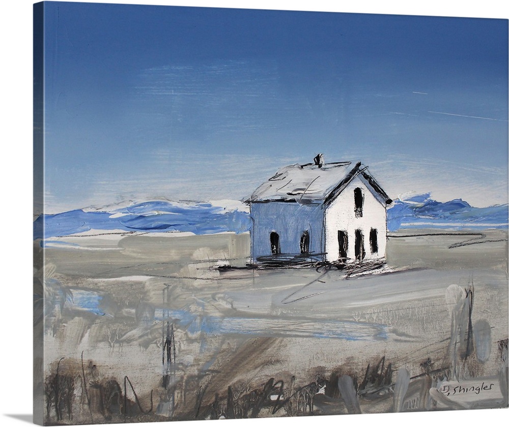 Contemporary painting of a white house in a field, under a blue sky.
