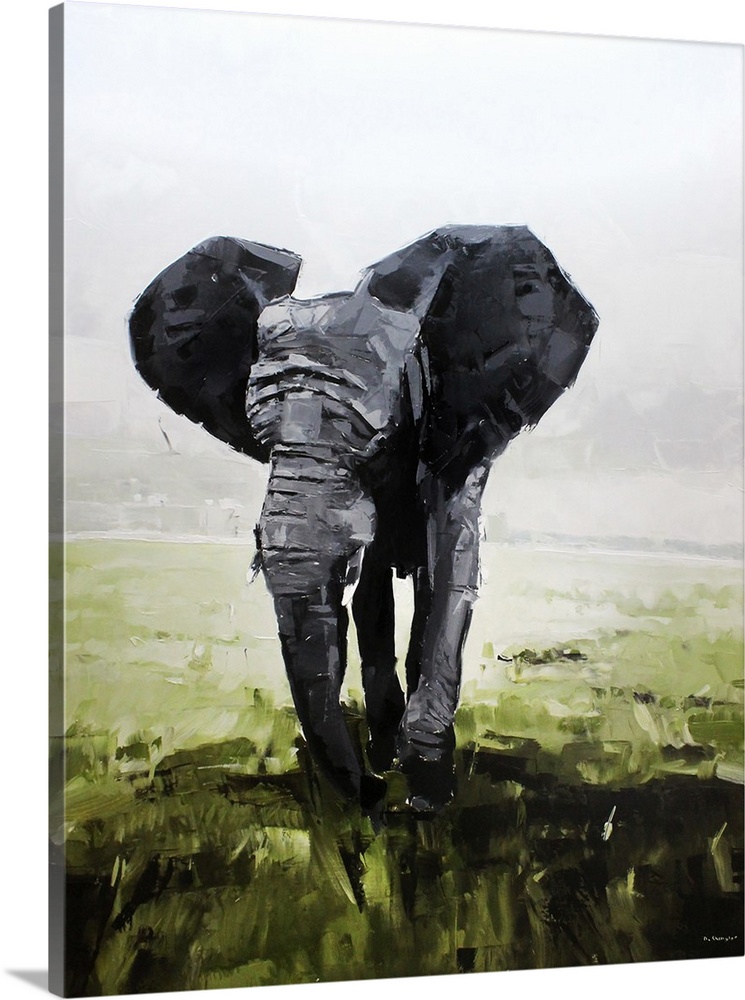 Contemporary palette knife painting of large elephant on an African plains.
