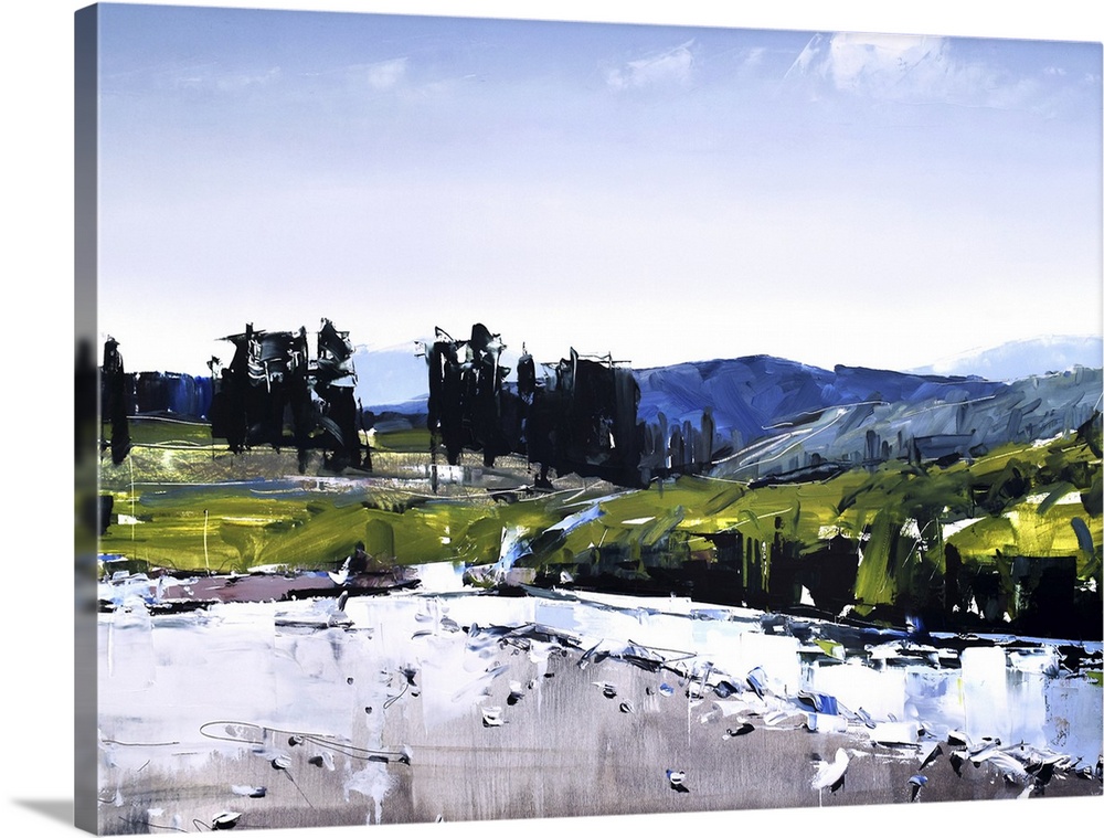 Contemporary landscape painting of a river running through the Montana wilderness under a blue sky.