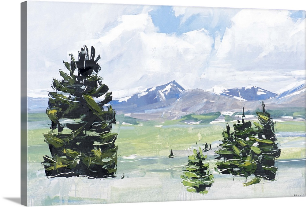 Contemporary painting of a landscape with trees in the foreground and mountain peaks in the distance.