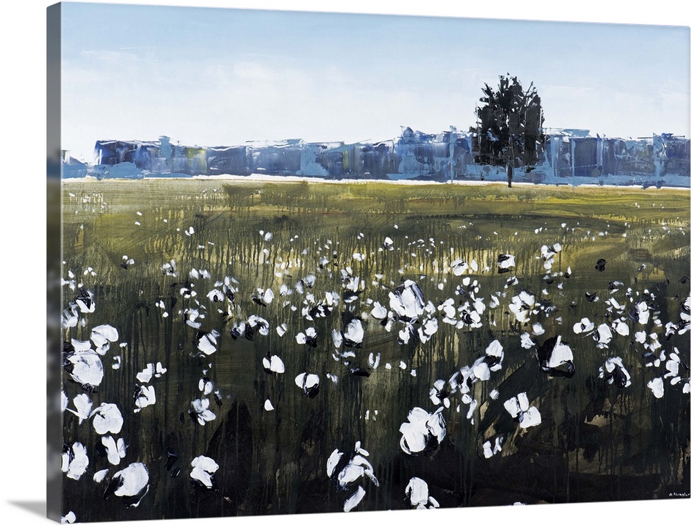 Contemporary painting of a cotton field in the countryside.