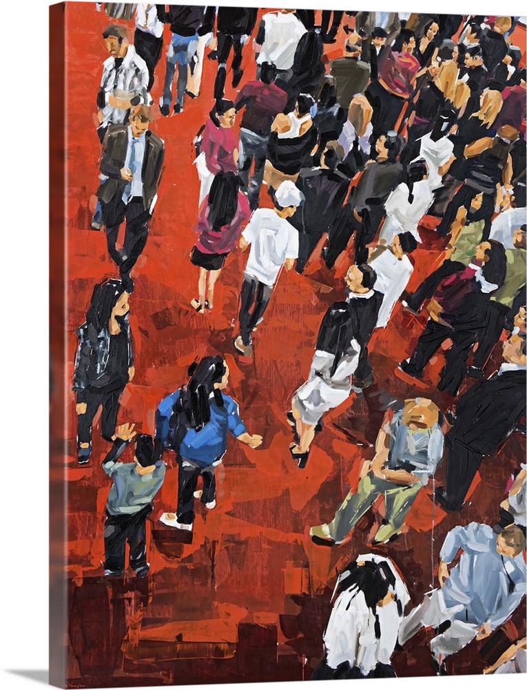Contemporary painting of a view of people standing on a red carpet from above.