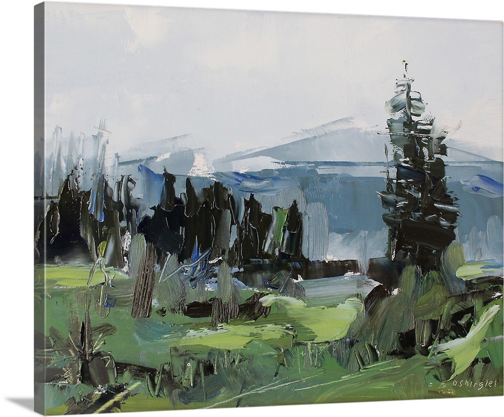 Contemporary palette knife painting of a green valley under a gray sky in the Colorado Rocky Mountains.