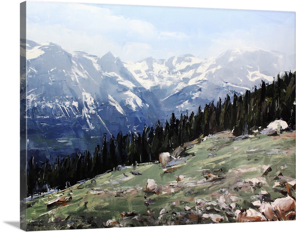 Contemporary palette knife painting of a green valley under a blue sky in the Colorado Rocky Mountains.