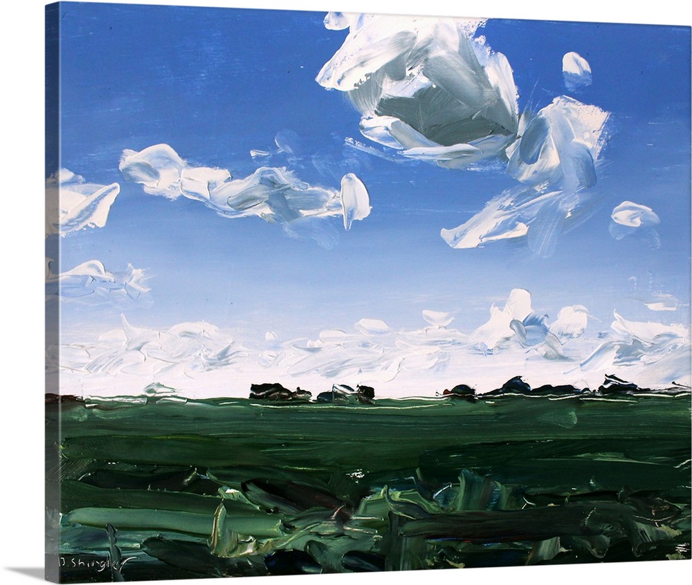 A contemporary painting of a green field under a sky filled with gray clouds.