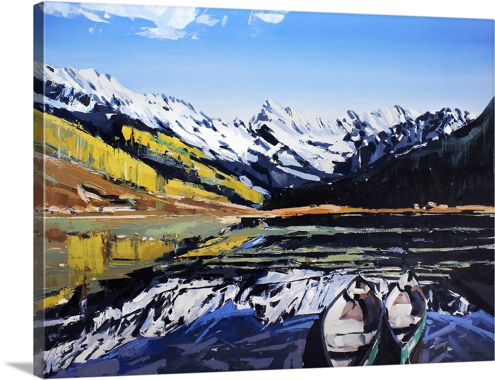 Contemporary palette knife painting of a lake with a canoe, with snow covered mountains reflecting in the water.