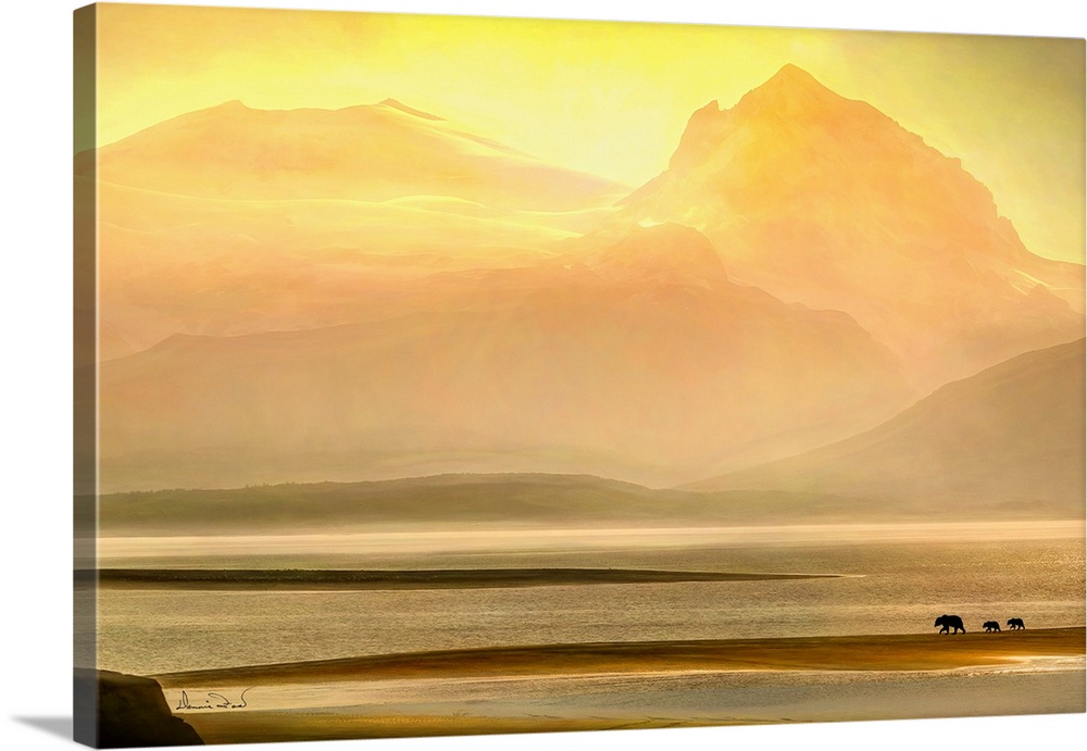 Composite of glowing mountain sunset in Katmai National Park, Alaska, with a family of brown bears set in for a sense of s...
