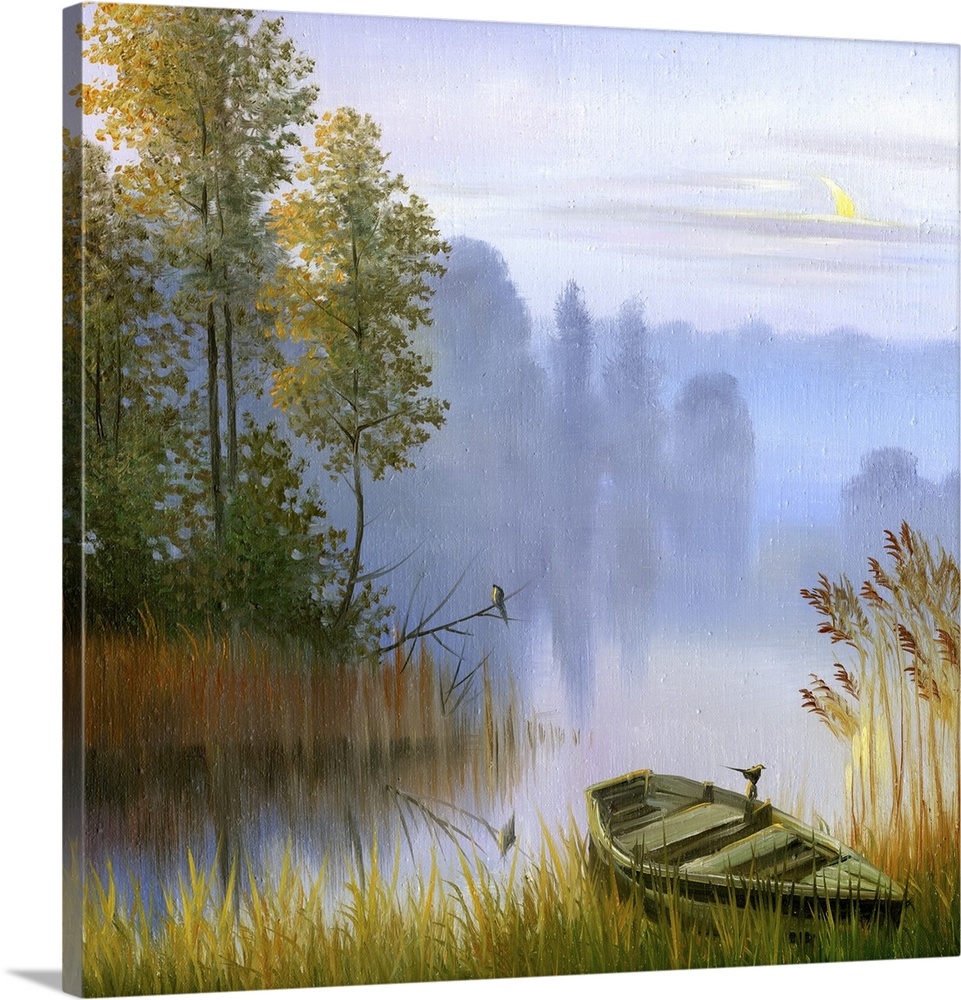 A boat on the bank of the lake. Originally an oil painting.