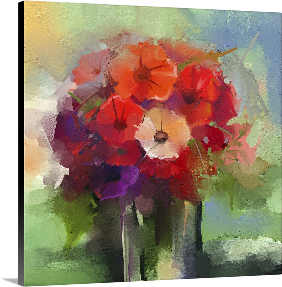 Originally an abstract oil painting of a bouquet of gerbera flowers in vase. Still life of red color flower with soft gree...