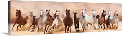 A Herd Of Horses Running On The Sand Storm